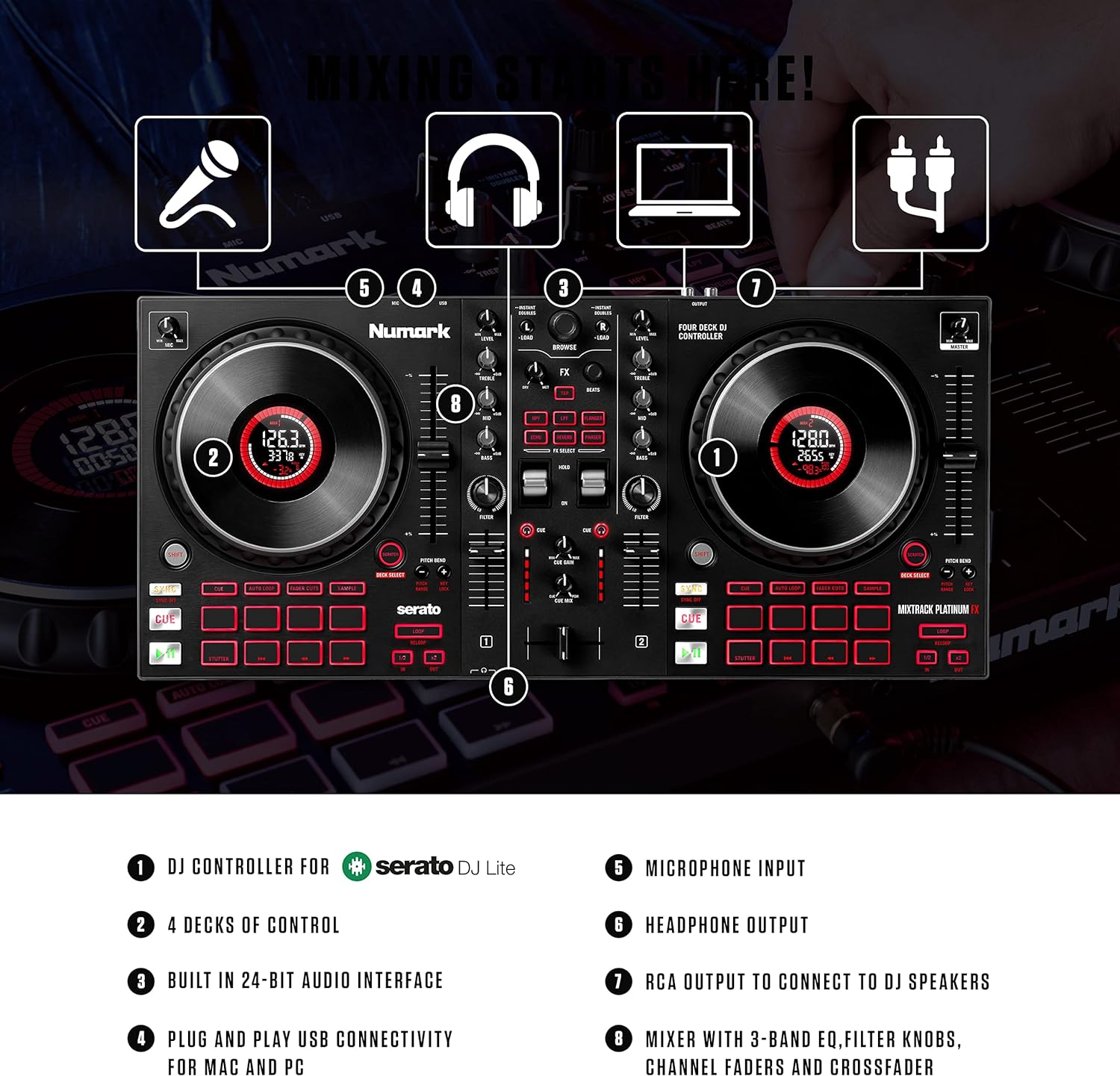 Numark Mixtrack Platinum FX DJ Controller for Serato with 4 Deck Control