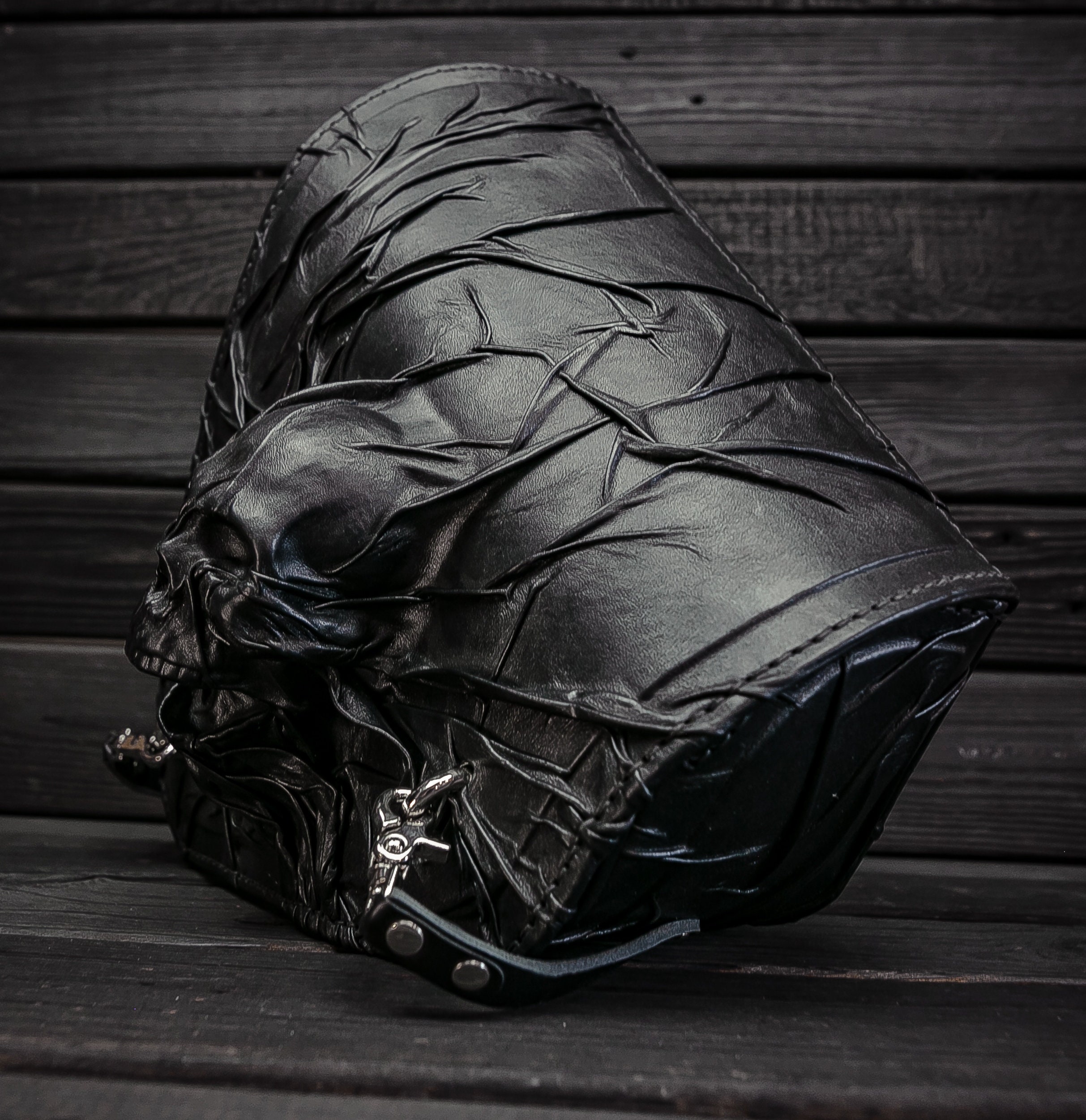 Black Leather Saddlebag With Skull Left Side