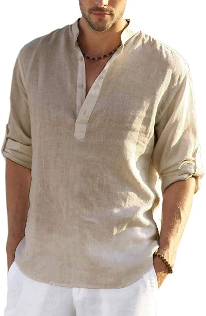 2022 Men's Cotton Linen Henley Shirt Long Sleeve Hippie Casual Beach T Shirts - Buy 2 free shipping