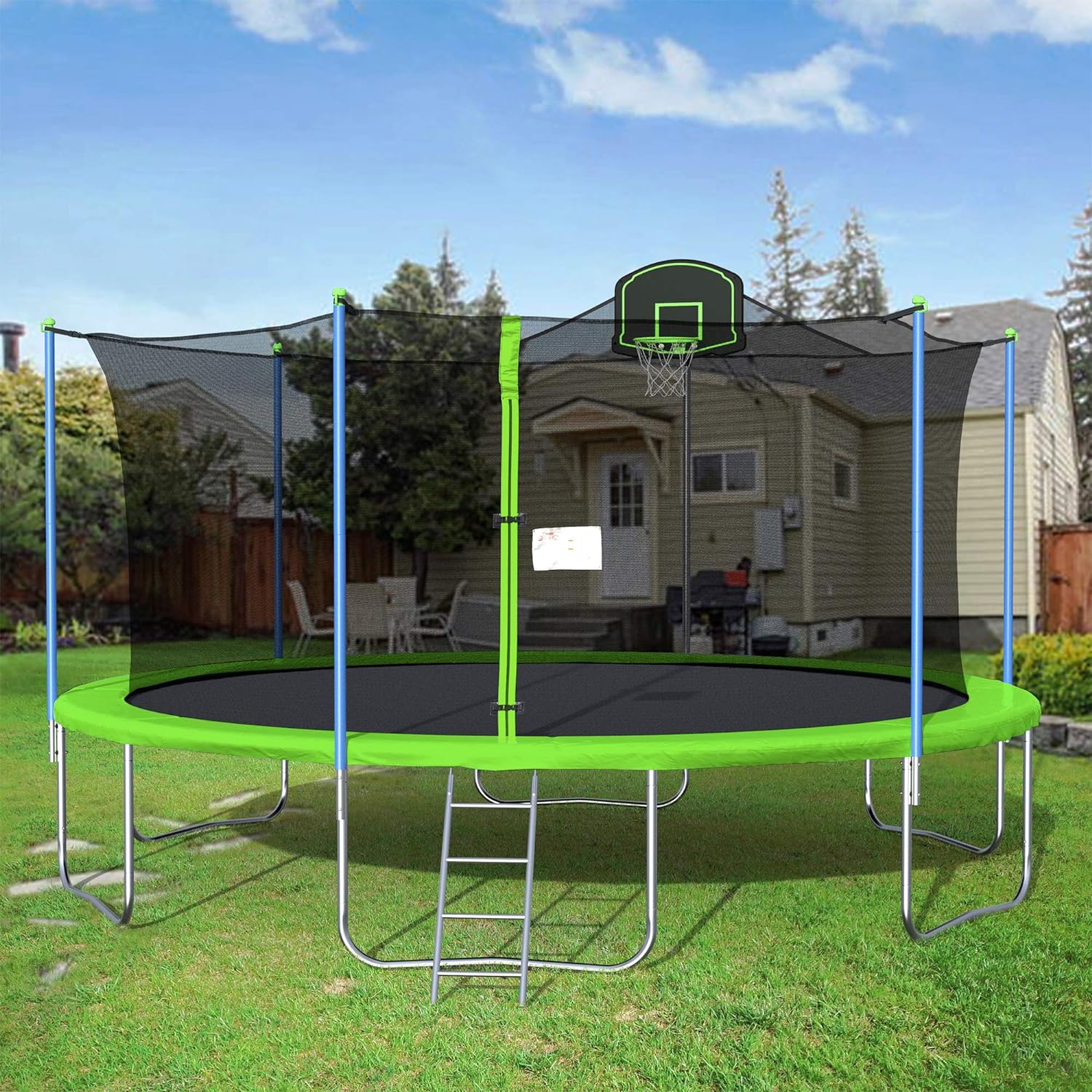 DHHU Trampoline for Adults 16ft Trampoline with Enclosure Net Basketball Hoop and Ladder