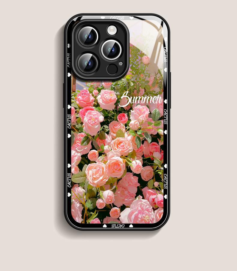 For iPhone Rose Tempered Glass Exquisite Phone Case