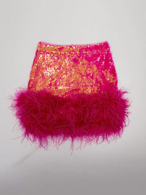 Kiara Sequin Feather Skirt In Hot Pink