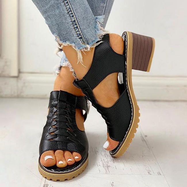 Sursell Peep Toe Cutout Zipper Chunky Heeled Sandals