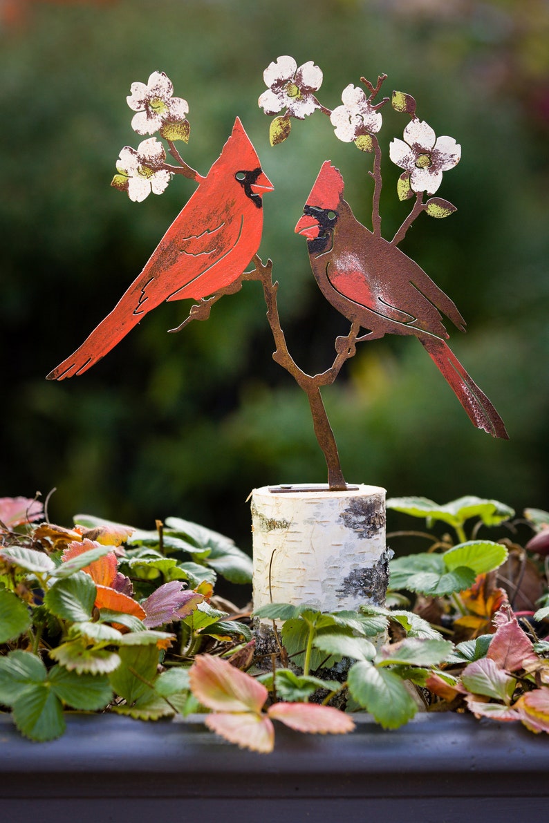 Cardinals On Dogwood Stake - Painted
