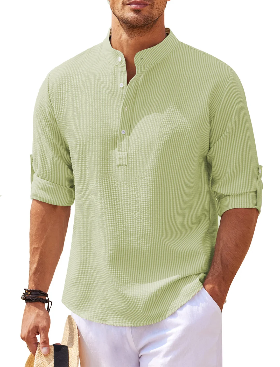 2023 Men's linen Henley shirt long-sleeved casual T shirt