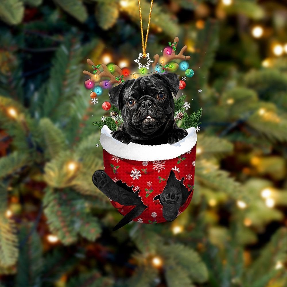 BLACK Pug In Snow Pocket Ornament