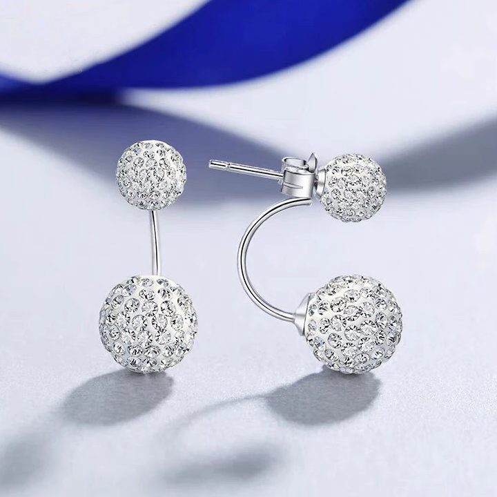 Sterling Silver Arched Stud Earrings with Diamond Double Balls