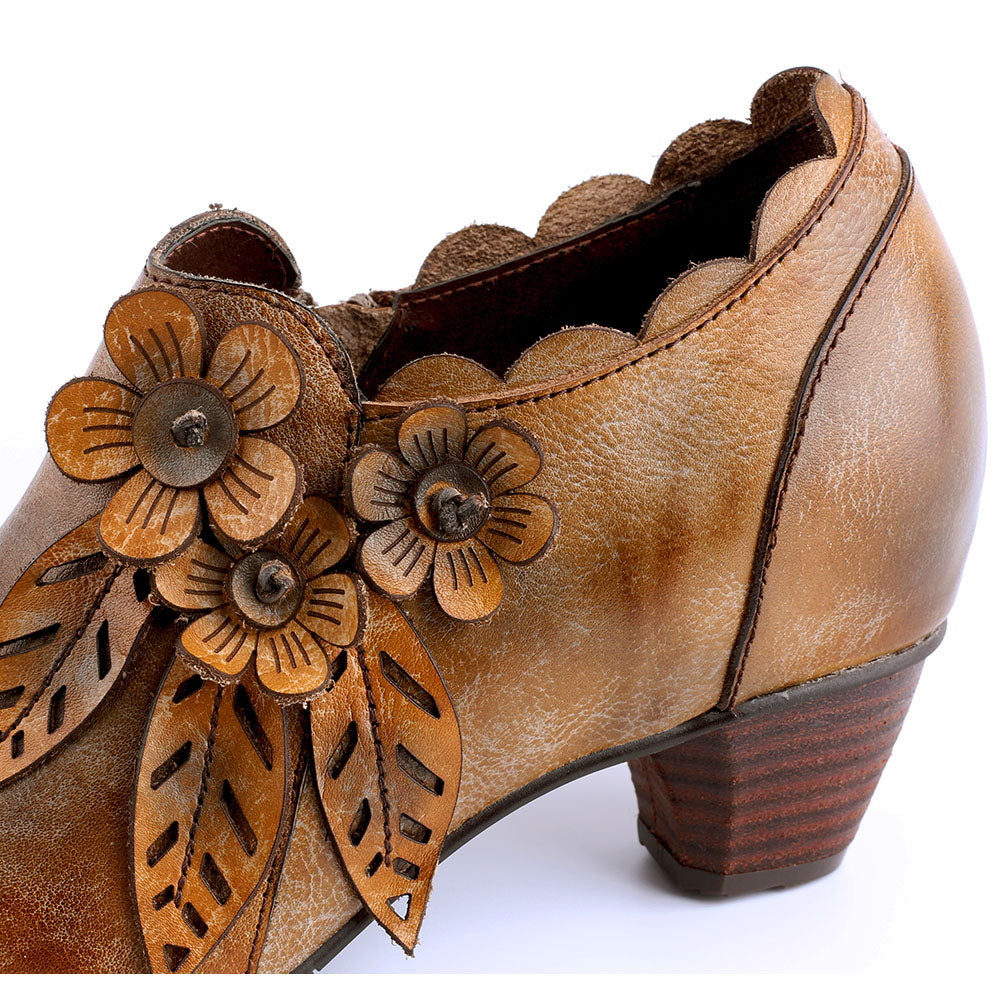 Retro Handmade Floral Leather Low-Heel Pumps