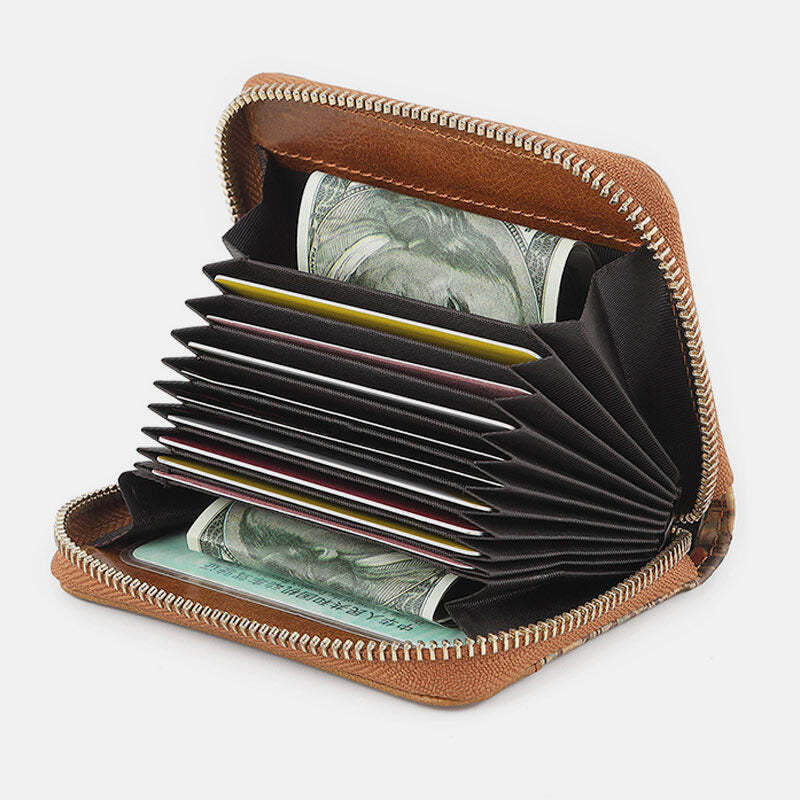 RFID Multi-Slot Genuine Leather Vintage Printing Short Wallet Card Holder