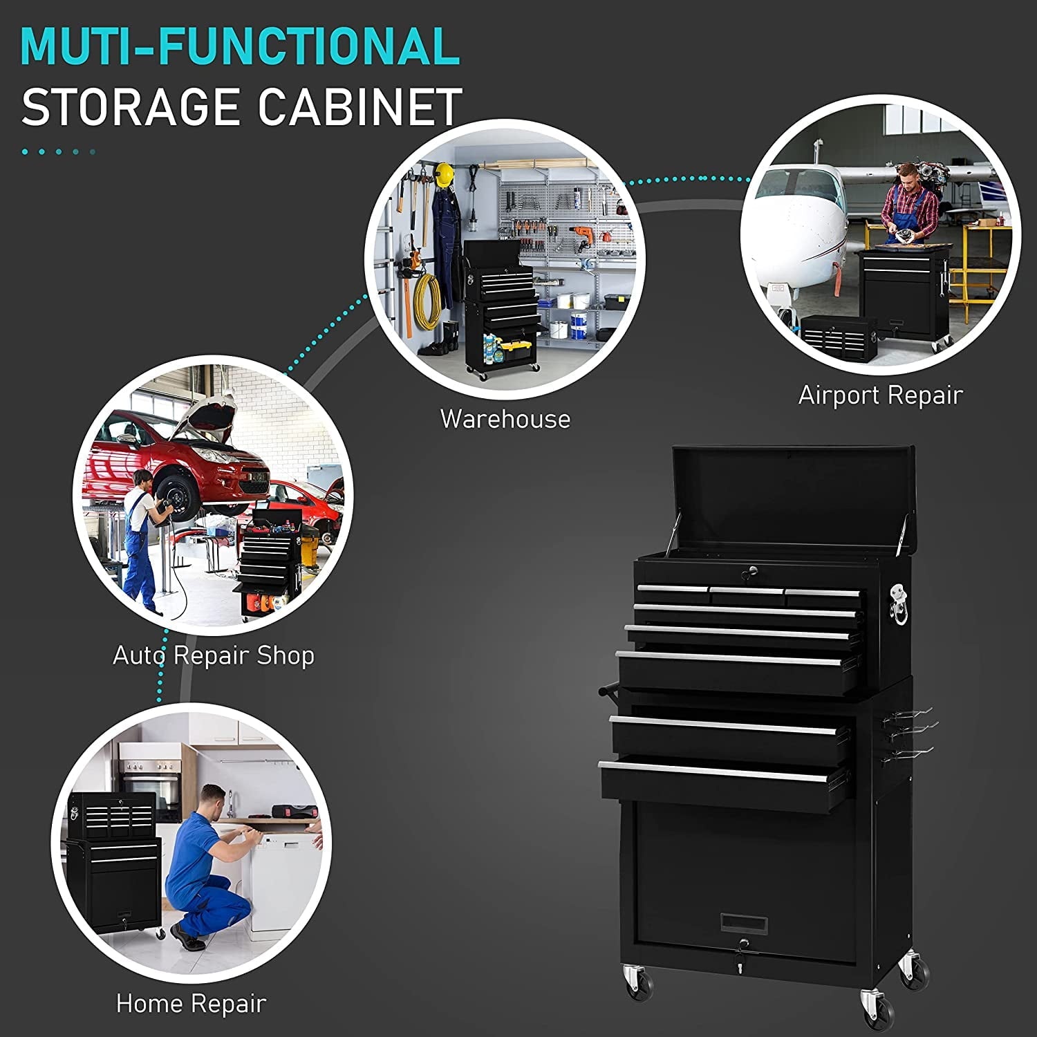 2-in-1Tool Chest & Cabinet Large Capacity 8-Drawer Rolling Tool Box Organizer with Wheels Lockable Black