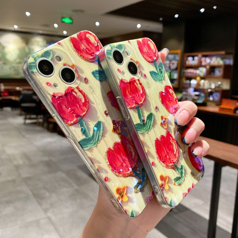 (BUY 2 GET 15% OFF) For IPhone Colorful Pink Flower Oil Painting Exquisite Phone Case