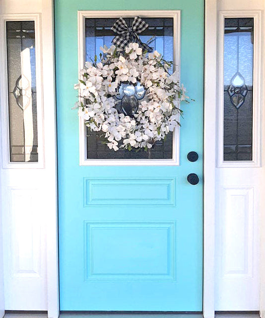 Buffalo Plaid & White Dogwood Spring wreaths with welcome sign