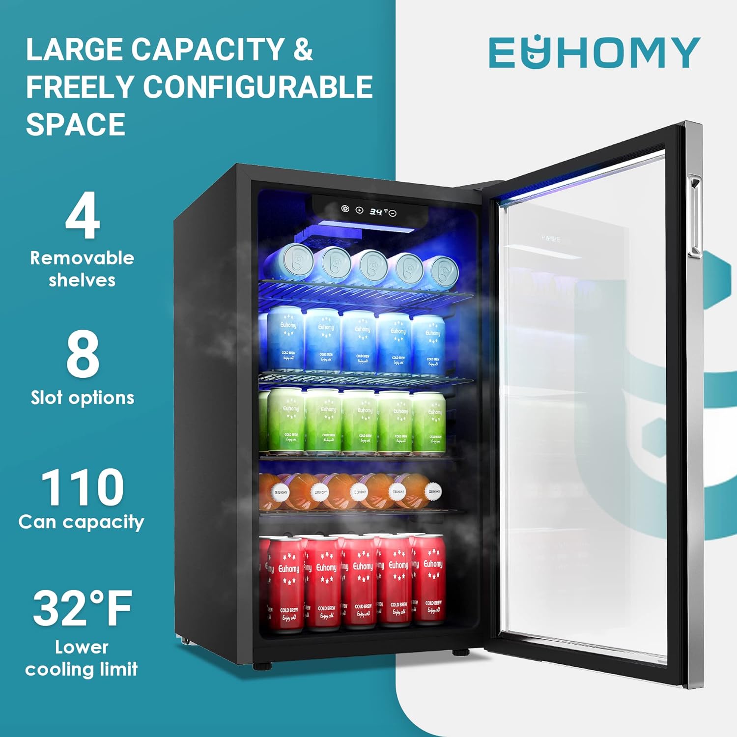 EUHOMY Beverage Refrigerator and Cooler 126 Can Mini fridge with Glass Door