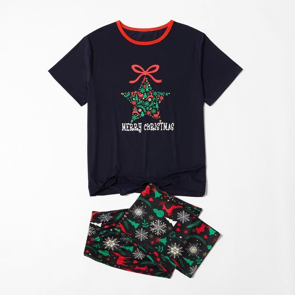 Merry Christmas Snowman Reindeer Print Short-sleeve Top and Pants Family Matching Pajamas Set
