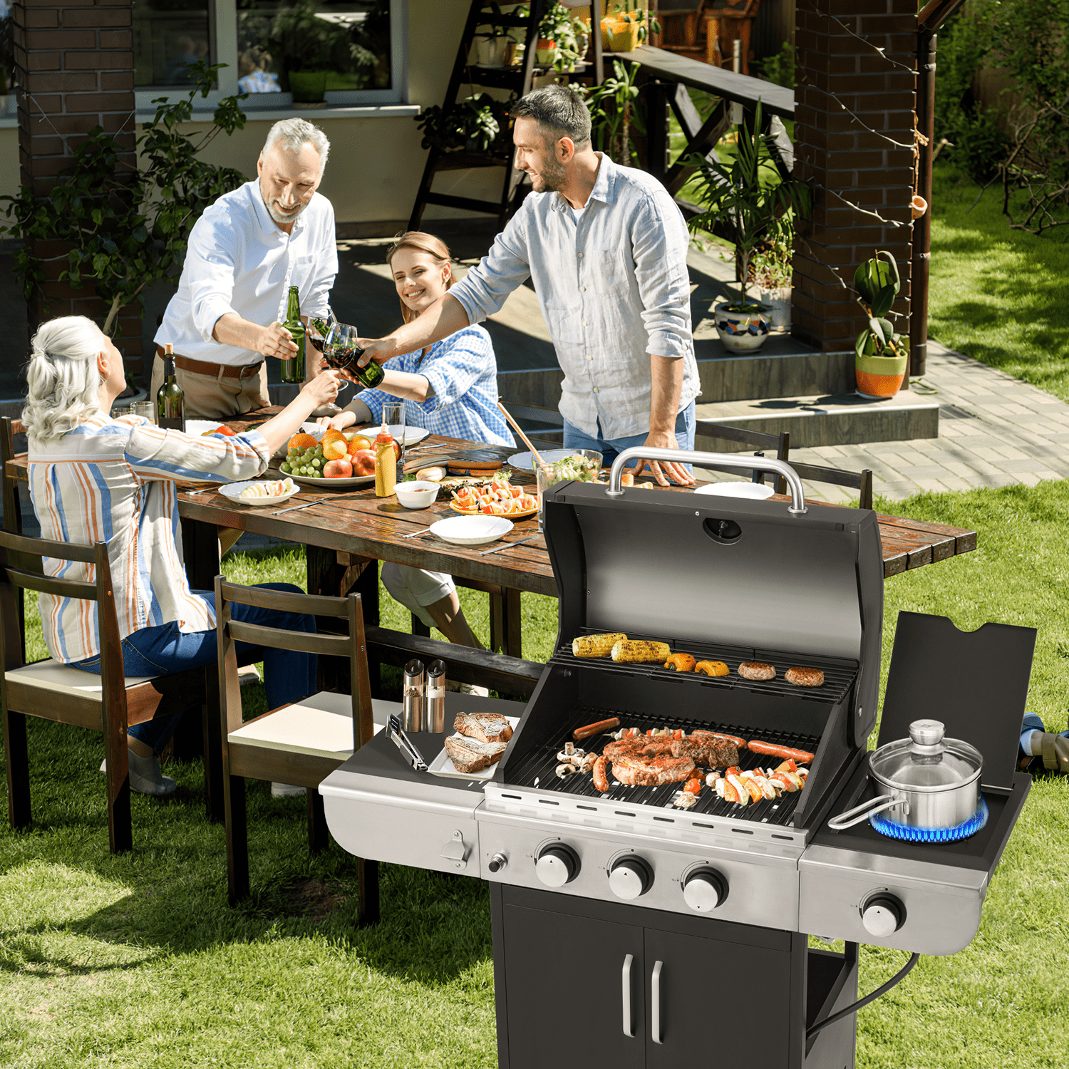Yoleny 3 Burner BBQ Propane Gas Grill BTU Stainless Steel with Stove and Side Table
