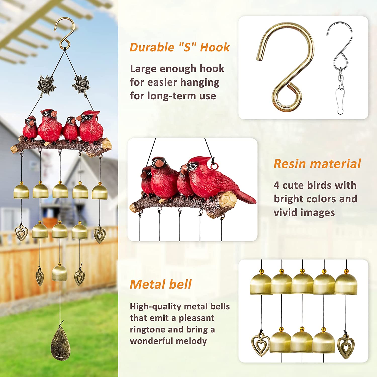 (🔥Last Day Clearance Sale-SAVE 50% OFF)Gardenvy Cardinal Wind Chime for Garden, Backyard, Church, Red-BUY 2 FREE SHIPPING
