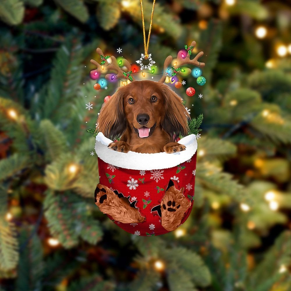 RED LONG HAIRED Dachshund In Snow Pocket Ornament