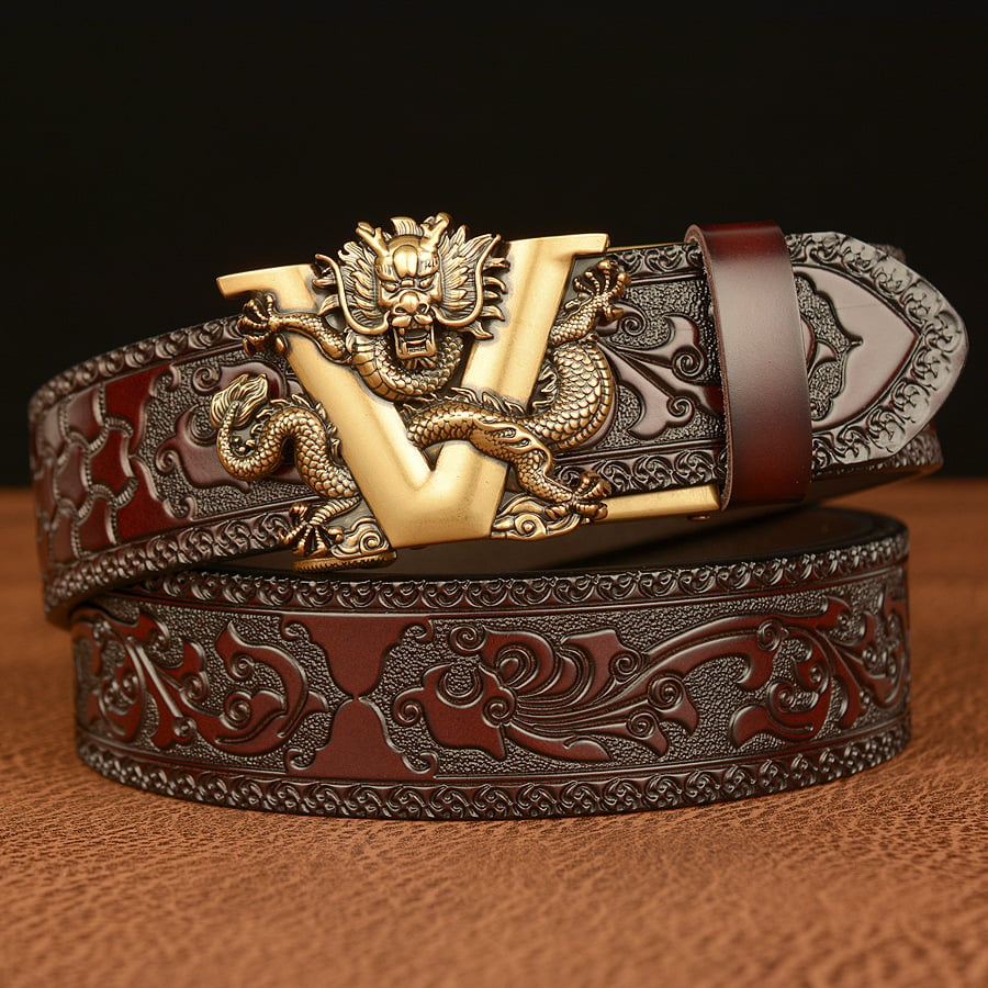 V Faucet Waist Buckle Cowboy Leather 3D Manual Engraved Belt