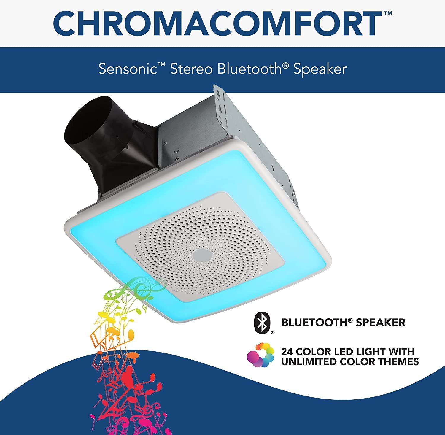 Broan-NuTone ChromaComfort Bathroom Exhaust Fan with Sensonic Bluetooth Speaker and LED Light