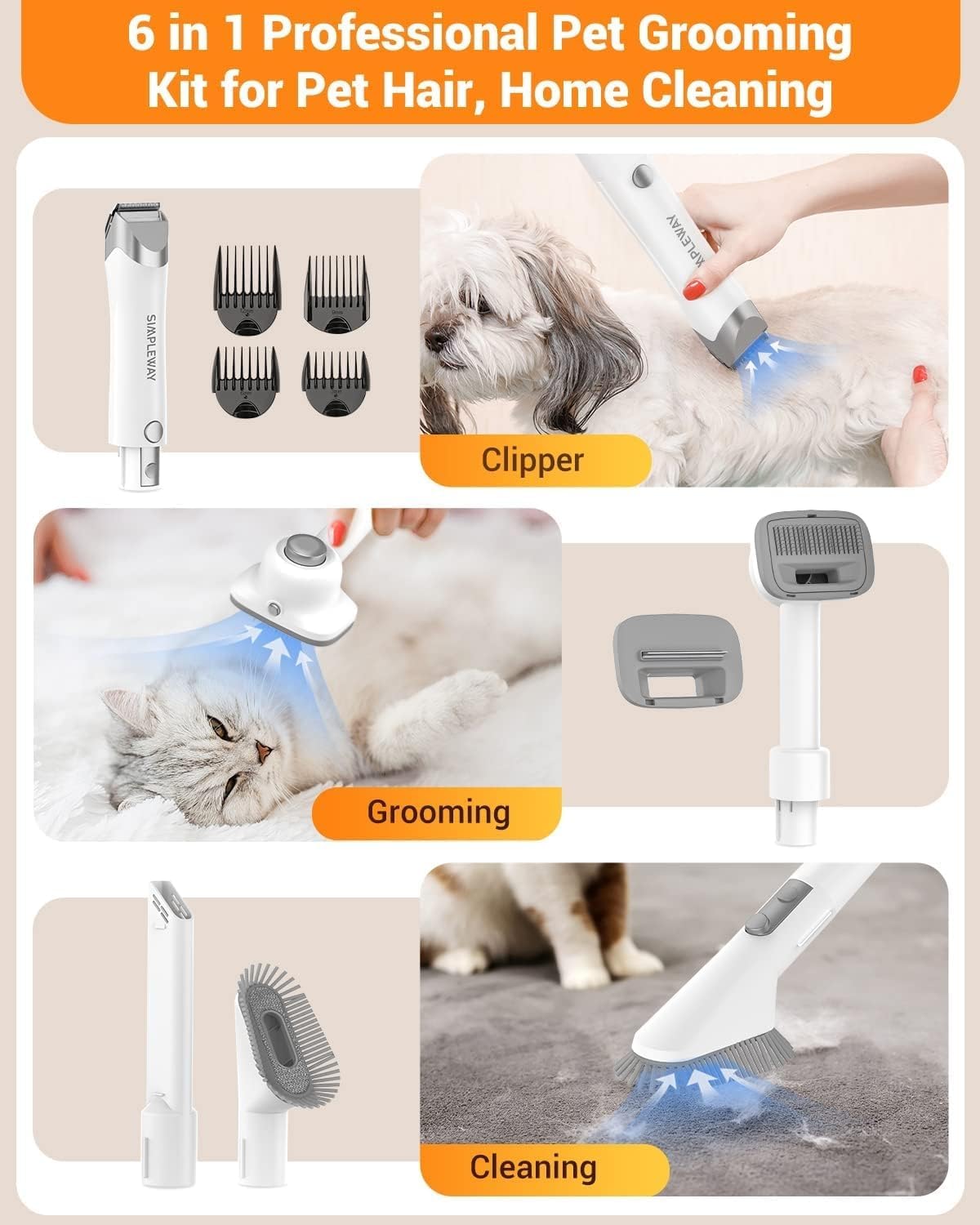 Simple Way Pet Grooming Vacuum 6 in 1 Dog Grooming Kit
