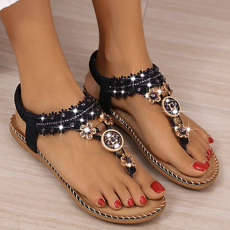 Wood Bead Elastic Band Solid Color Leisure Summer Sandals
