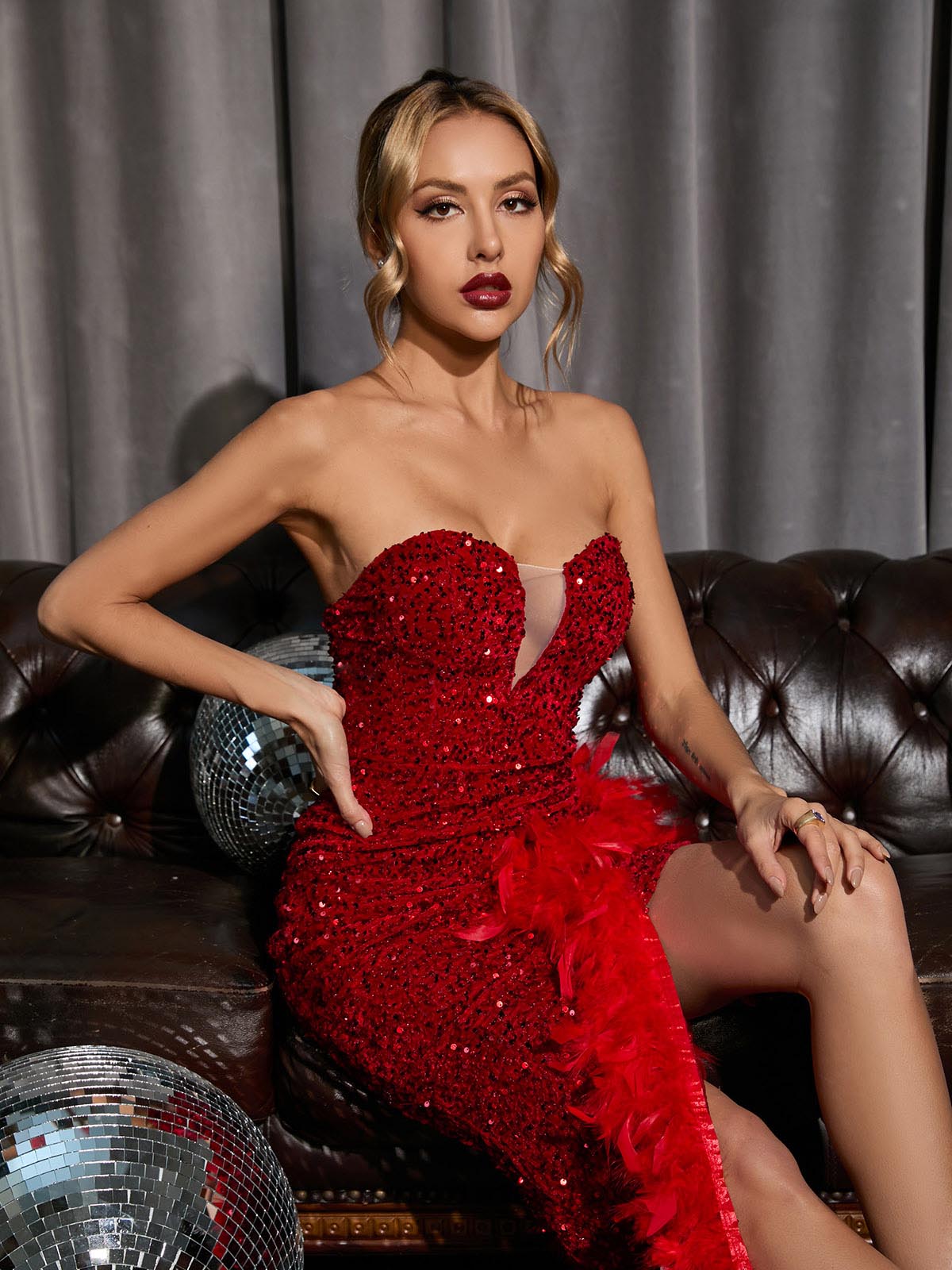 Lois Strapless Sequin Feather Trimmed Maxi Dress In Red