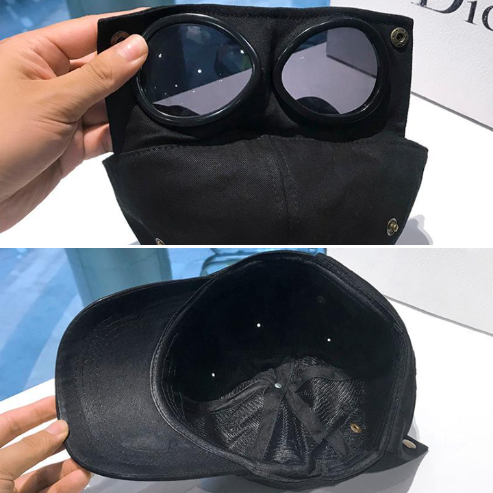 Black Goggles Baseball Cap - Stylish & Unique Hip Hop Aviator Hat with Anti-UV Goggles