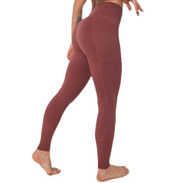 Large size double-sided nylon patchwork pocket sports high waist yoga pants