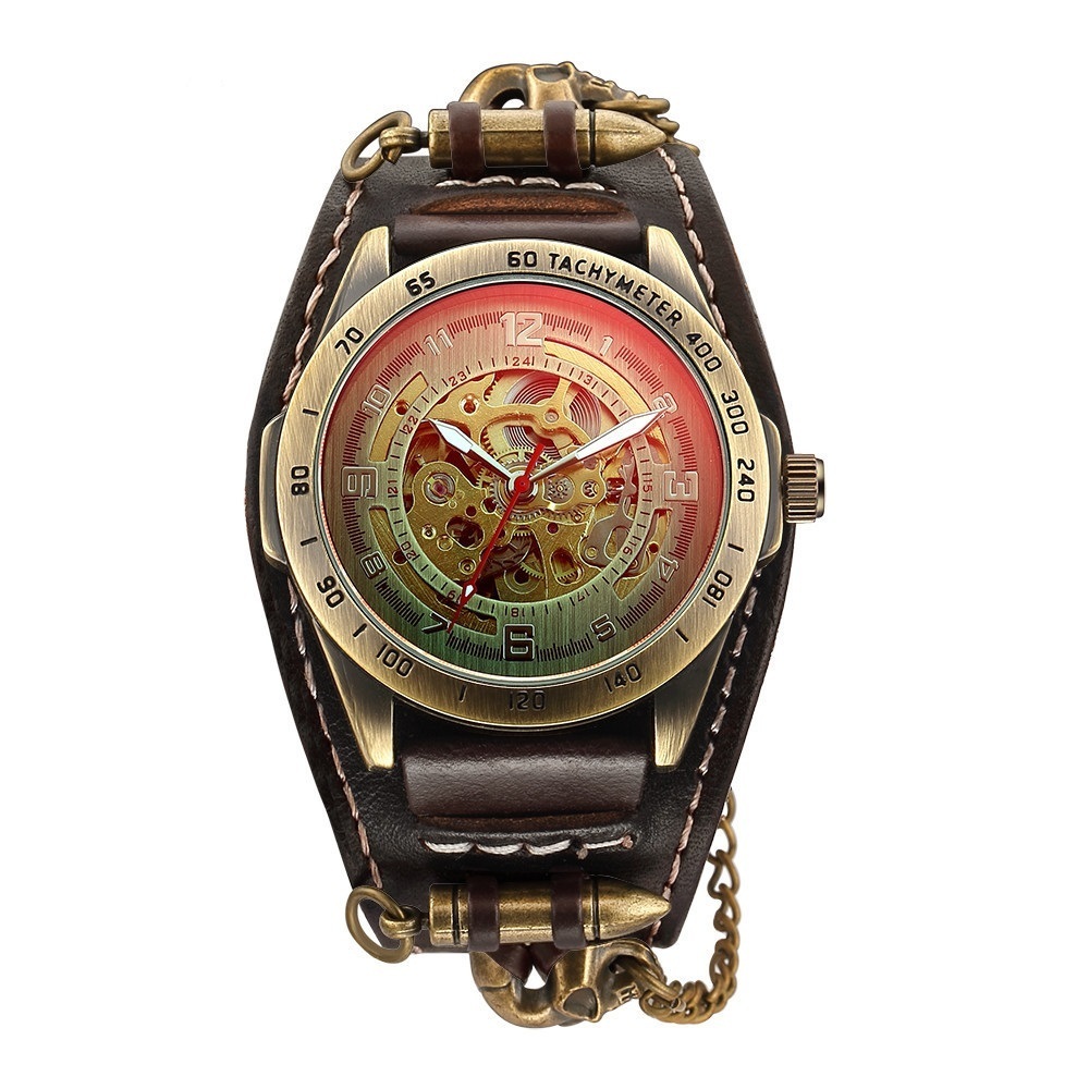 Retro Bronze Leather Watch Skeleton Reflective Automatic Watches