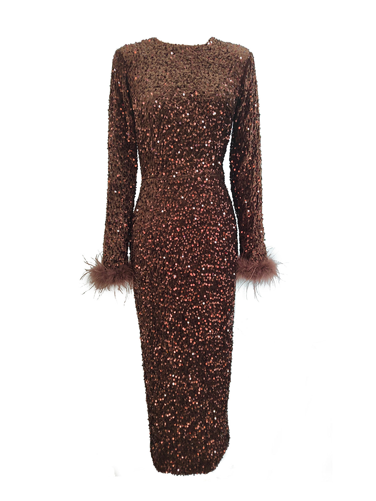 Dixie Sequin Feather Trimmed Midi Dress In Brown