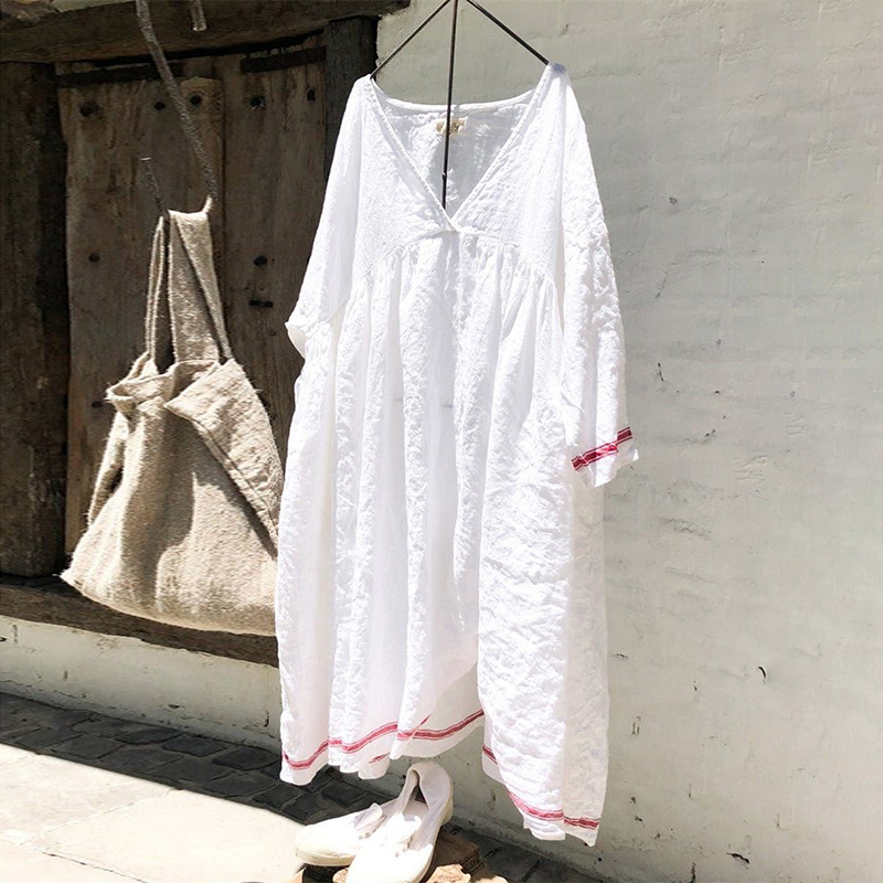 Casual Solid V-Neck Cotton Linen Loose Dress