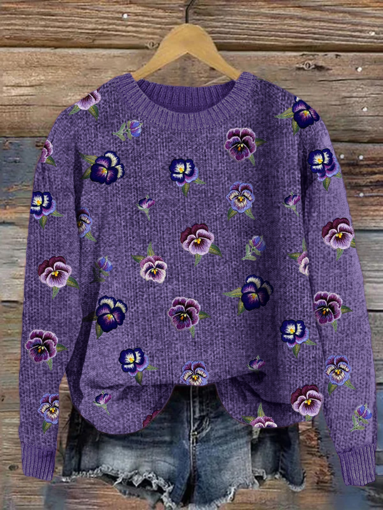 Pansy Floral Embroidery Pattern Cozy Knit Sweater