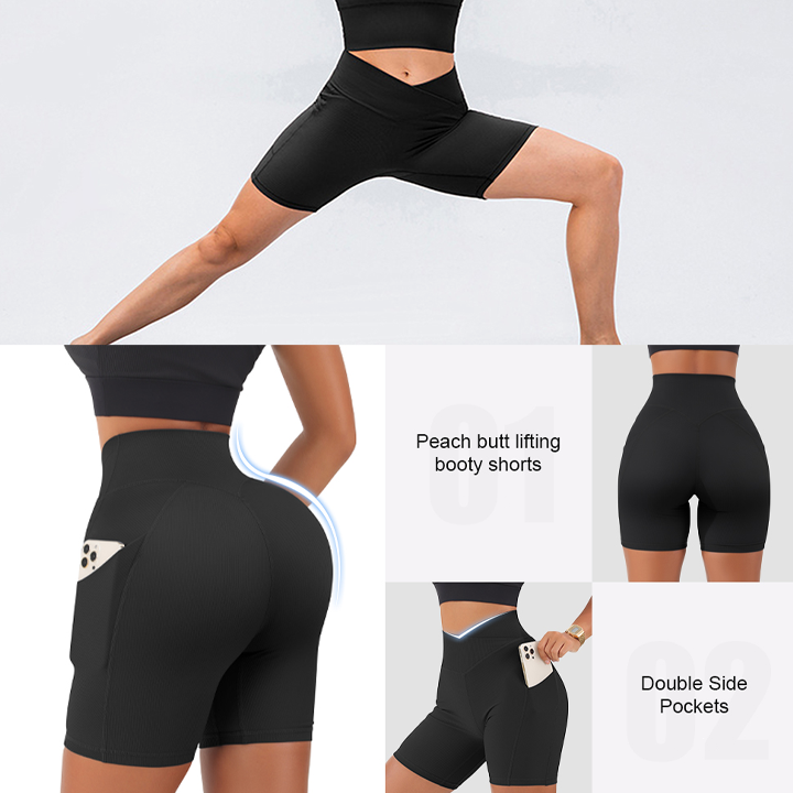 Women V Cross Waist Biker Shorts with Pockets - Comfortable & Breathable Peach Butt Lifting Sexy Shorts