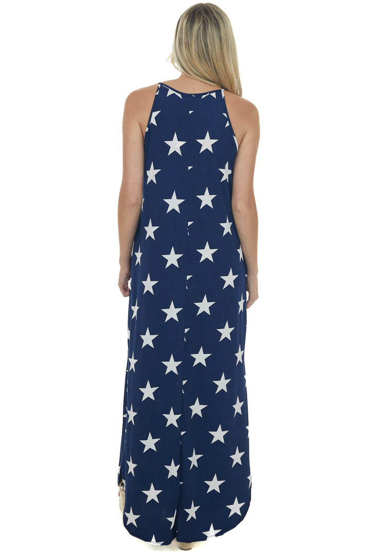 Navy Blue Star Print Sleeveless Maxi Dress With Side Slits