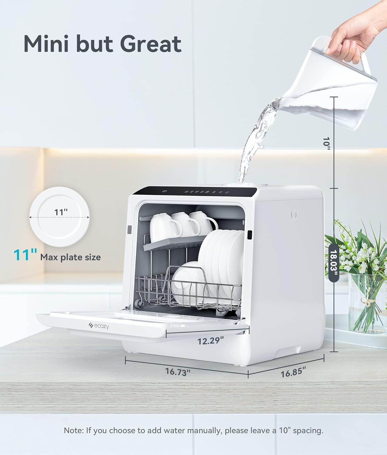 ecozy Portable Dishwasher Countertop Mini Dishwasher with a Built-in 5L Water Tank