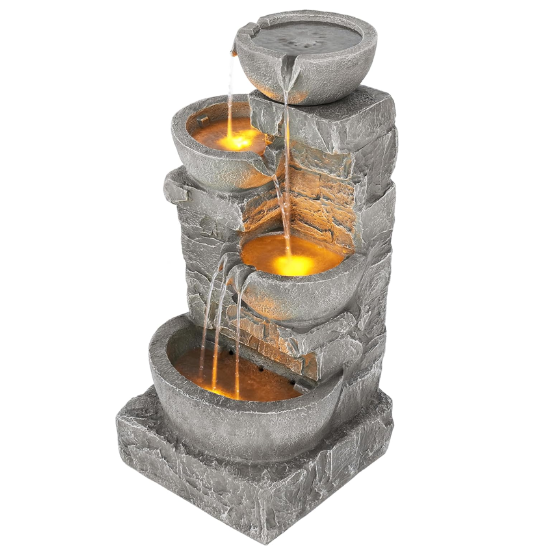 Teamson Home 33.25 inch Cascading Bowls and Stacked Stones LED Outdoor Water Fountain