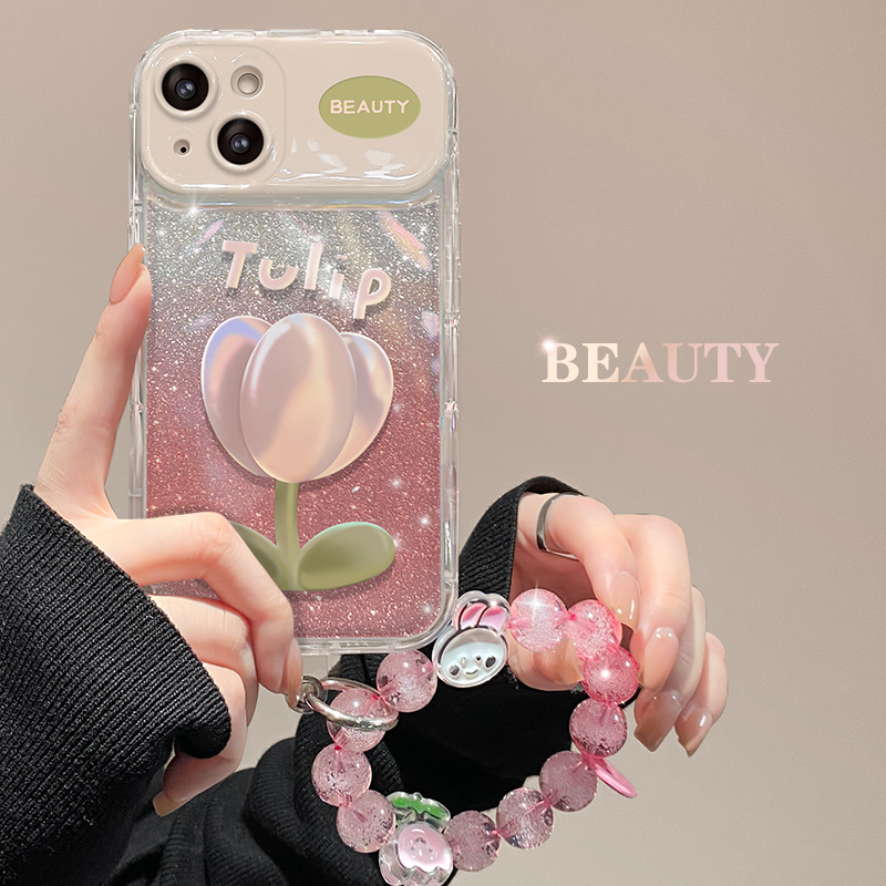 Pink Tulip Flip Mirror Case Cover For iPhone