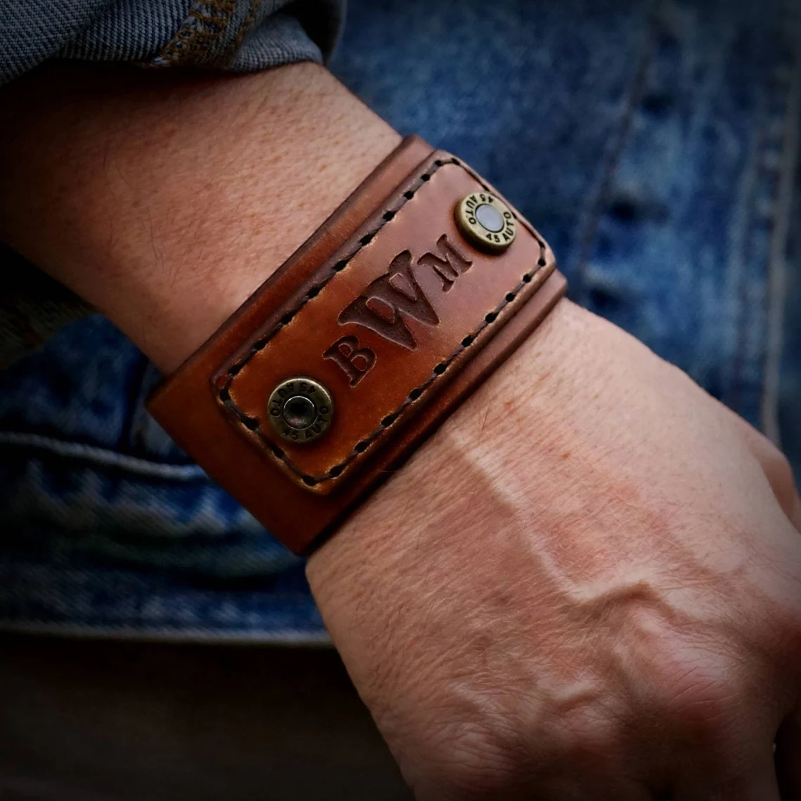 Personalized Mens Leather Bracelet, Leather Cuff Bracelet, Bullet Bracelet, Bullet cuff.