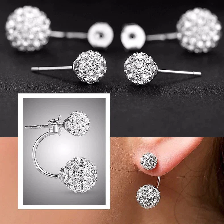 Sterling Silver Arched Stud Earrings with Diamond Double Balls
