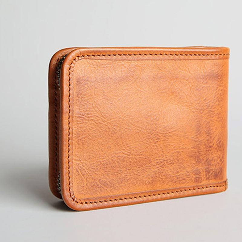 Genuine Leather Vintage Small Bifold Zipper Wallet