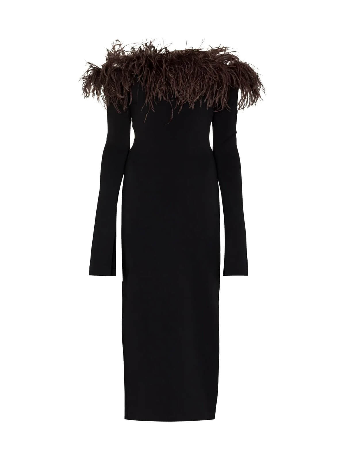 Blanche Off Shoulder Feather Trimmed Midi Dress In Black