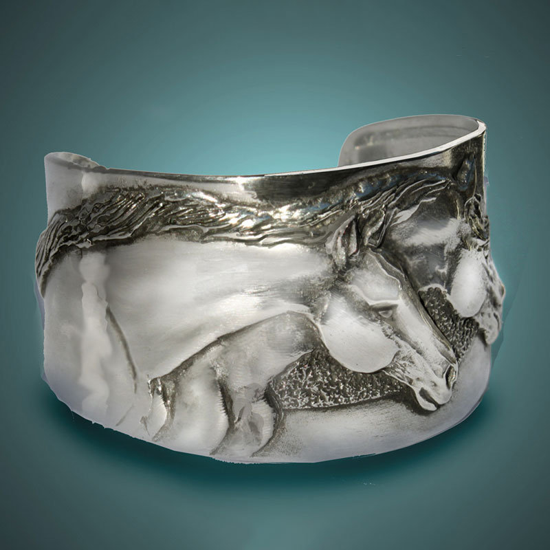 Two Horse Heads cuff bracelet in pewter handmade USA