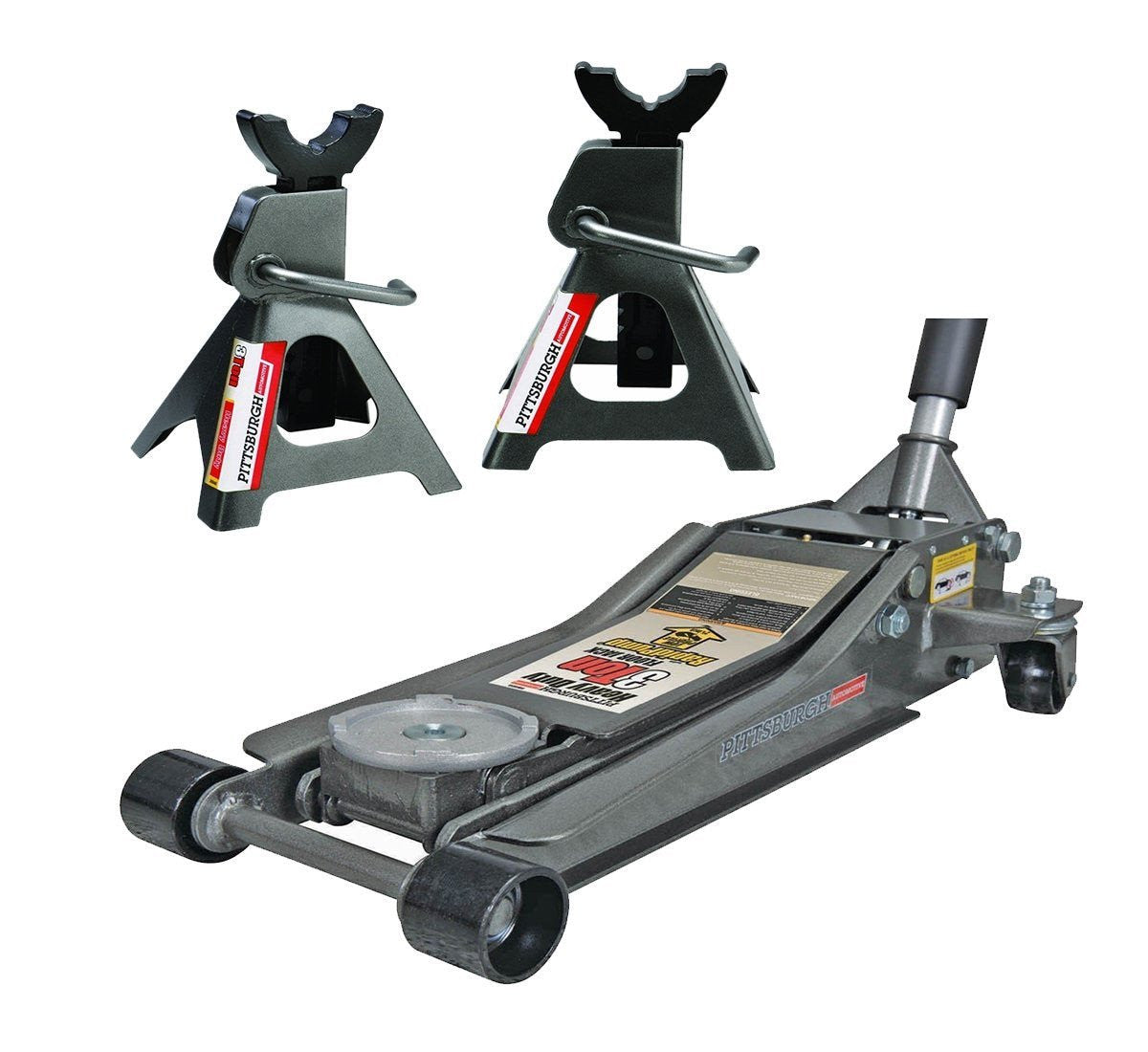 Pittsburg 3 Ton Low Profile Floor Jack and Jack Stands Set Combo with Rapid Pump Quick Lift