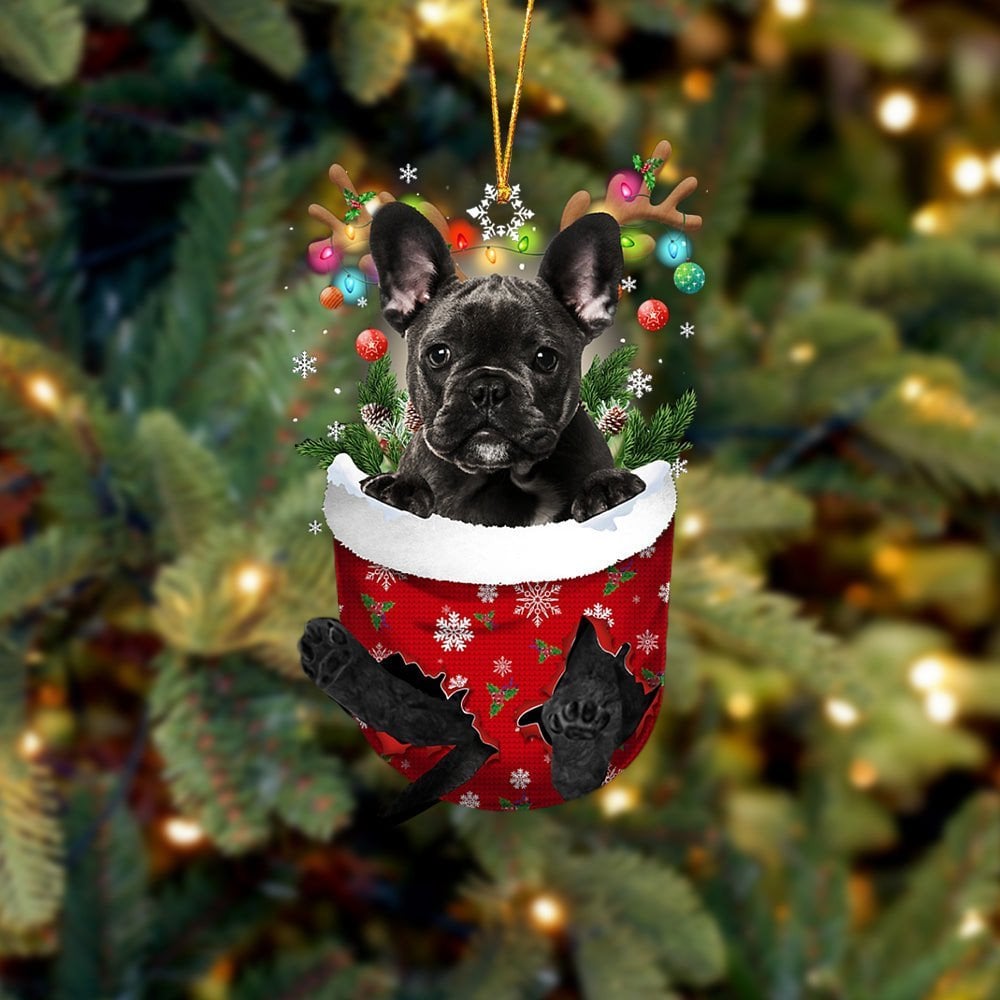BLACK French Bulldog In Snow Pocket Ornament