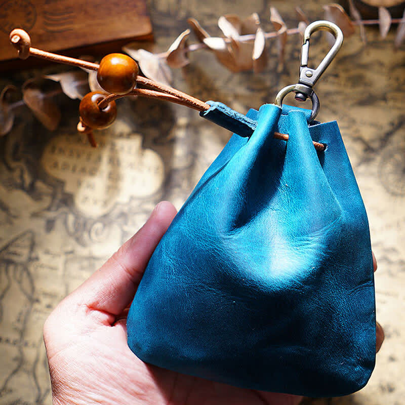 Vintage Coin Purse Genuine Leather Pouch Wallet Drawstring Storage Bag