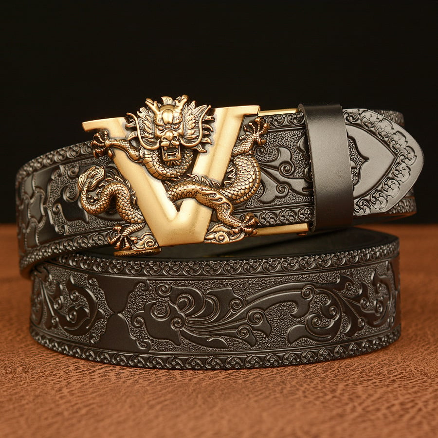 V Faucet Waist Buckle Cowboy Leather 3D Manual Engraved Belt