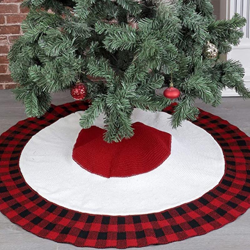 48-inch Red & Black Snow Buffalo Plaid Trim Xmas Tree Skirt