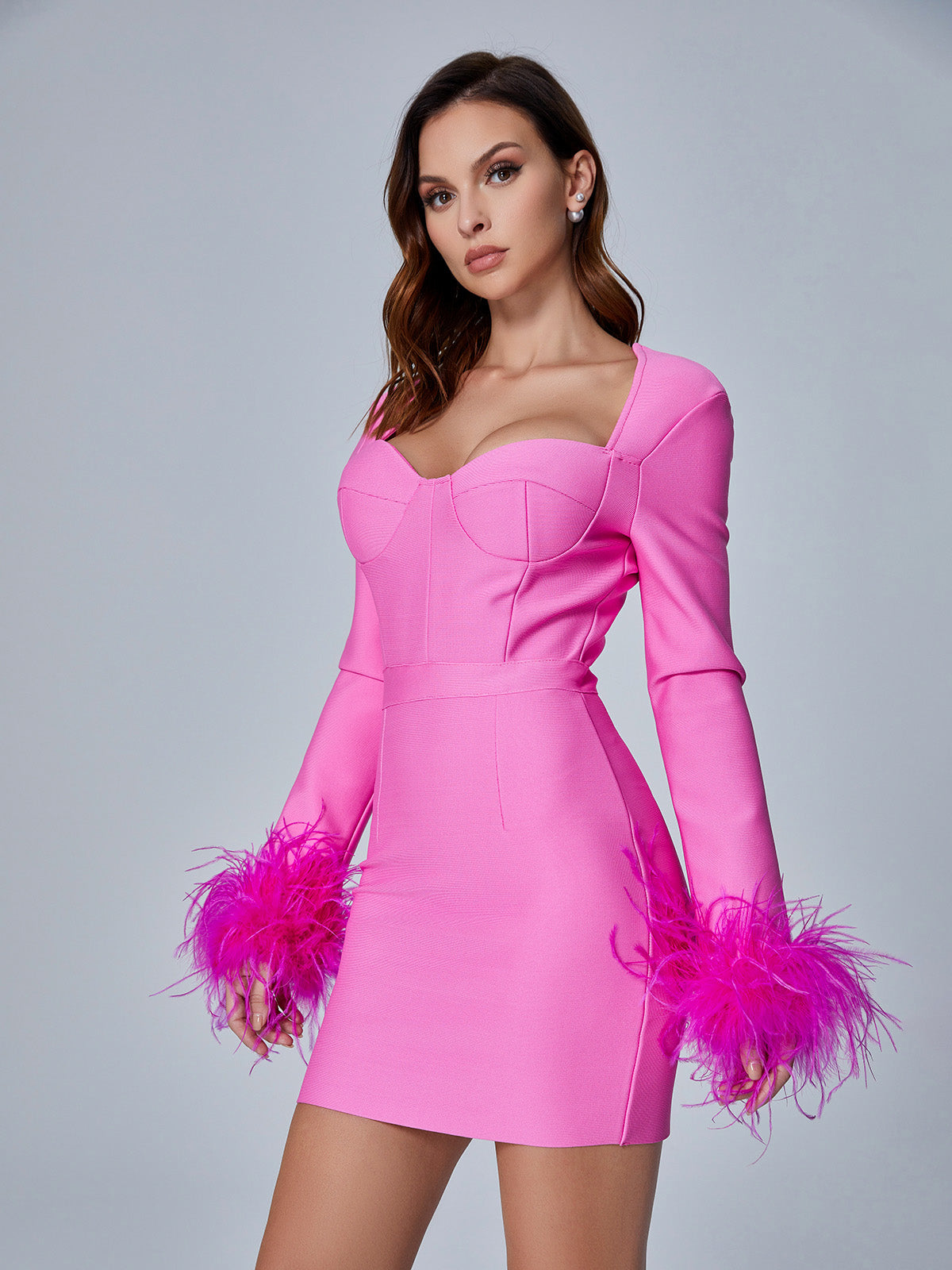 Nixie Long Sleeve Feather Bandage Dress In Hot Pink
