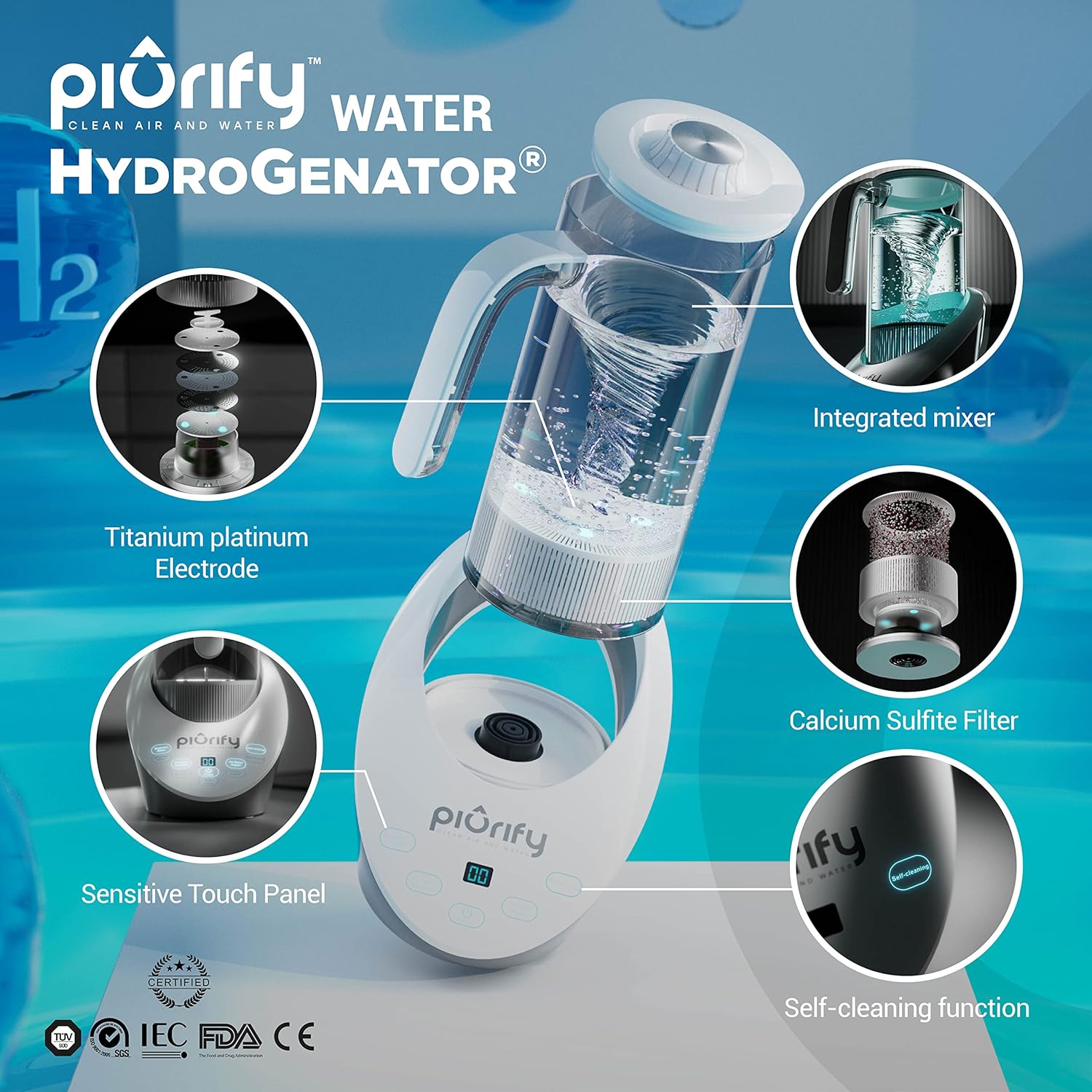 PIURIFY Hydrogen Water Pitcher Rich Hydrogen Water Generator Electrolysis Jug BPA Free