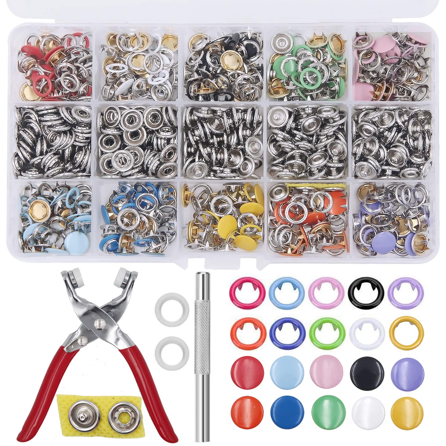 Metal Sewing Buttons Set (10 Color 100 Sets Of Claw Buckle+Pliers Clip)